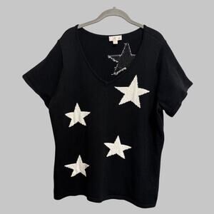 Belle Kim Gravel Star Motif Black Knit Sweater Preppy Whimsical Top Size XL
